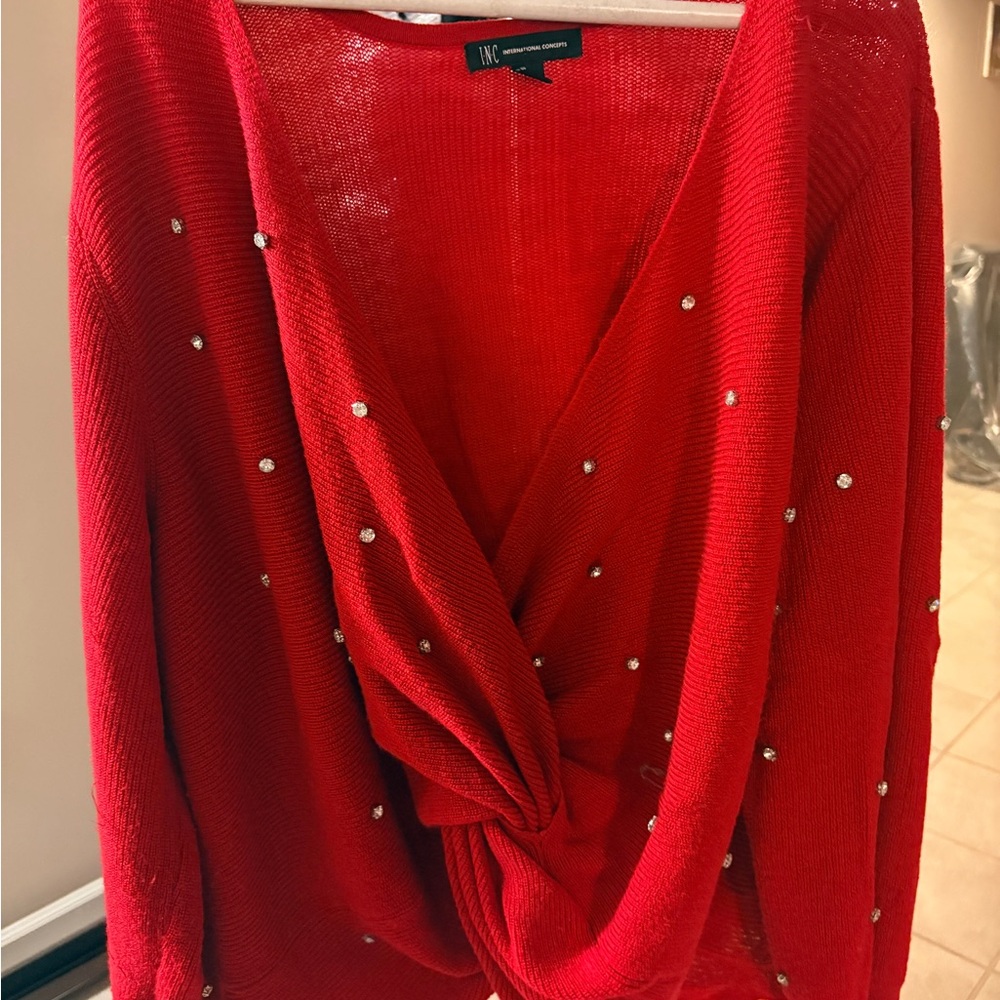 Red Knotted Sweater with Embellishments